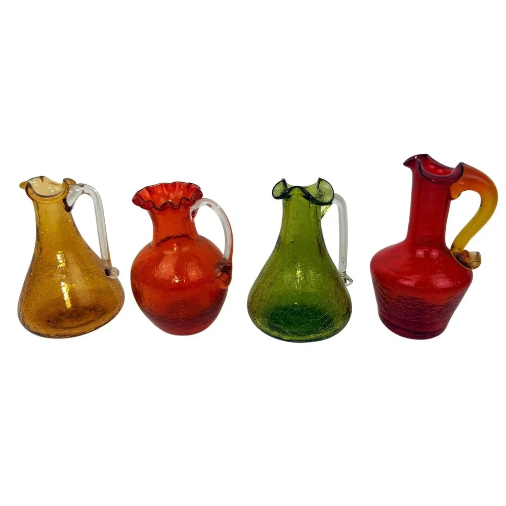 Vintage Crackle Glass Miniature Pitcher Set 4 Rainbow Mid Century Art Glass Vase